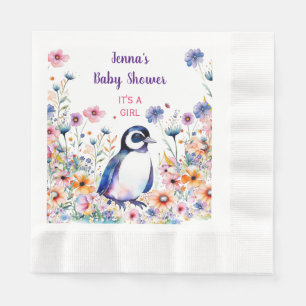 Baby Penguin in Flowers It's a Girl   Baby Shower Napkin