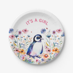 Baby Penguin in Flowers It's a Girl   Baby Shower Paper Plate
