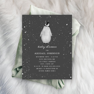 Baby Penguin Neutral Dark Grey Baby Shower Invitation