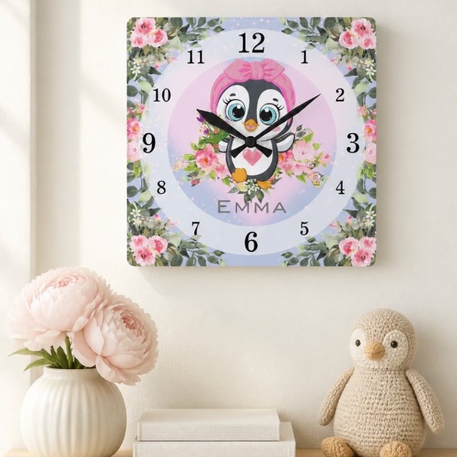 Baby Penguin | Nursery | Personalised Square Wall Clock (Creator Uploaded)