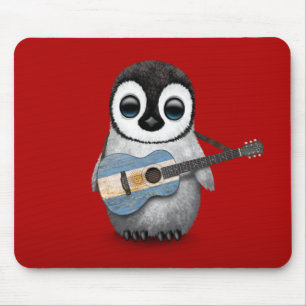 Baby Penguin Playing Argentinian Flag Guitar Red Mouse Pad