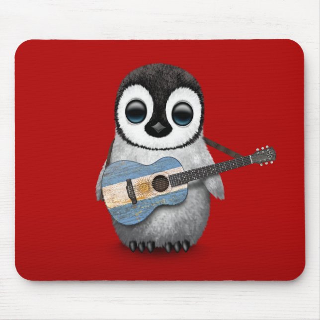 Baby Penguin Playing Argentinian Flag Guitar Red Mouse Pad (Front)