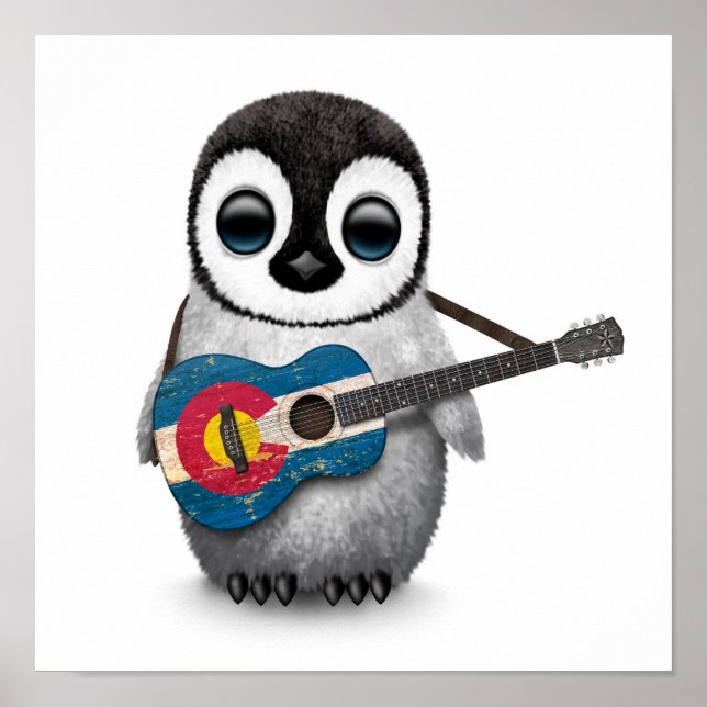 Baby Penguin Playing Colorado Flag Guitar Poster (Front)