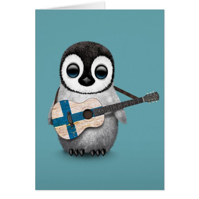 Baby Penguin Playing Finnish Flag Guitar Blue (Front)