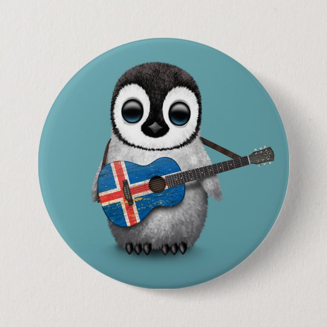 Baby Penguin Playing Icelandic Flag Guitar Blue 7.5 Cm Round Badge (Front)