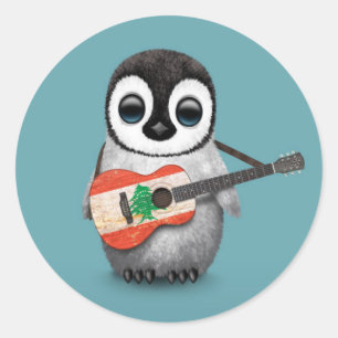 Baby Penguin Playing Lebanese Flag Guitar Blue Classic Round Sticker