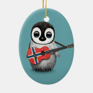 Baby Penguin Playing Norwegian Flag Guitar Blue Ceramic Tree Decoration