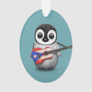 Baby Penguin Playing Puerto Rico Flag Guitar Blue Ornament
