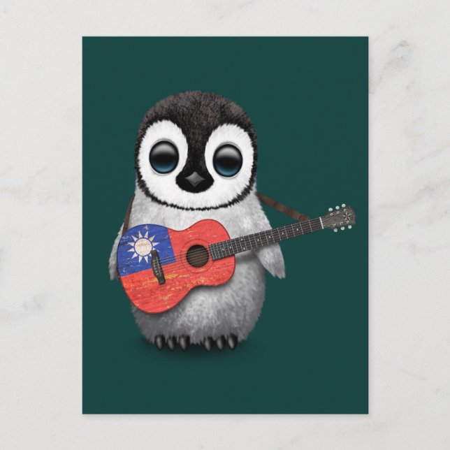 Baby Penguin Playing Taiwanese Flag Guitar Teal Postcard (Front)