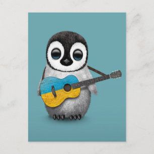 Baby Penguin Playing Ukrainian Flag Guitar Blue Postcard