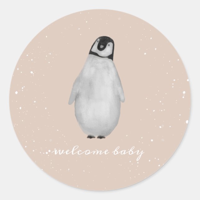 Baby Penguin Winter Snow Pink Girl Baby Shower Classic Round Sticker (Front)