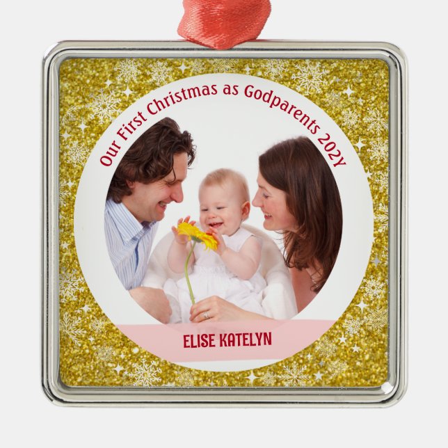 Baby Photo 1st Christmas As Godparents Golden Metal Tree Decoration (Front)