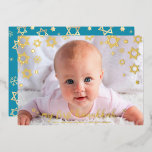 Baby Photo 1st Hanukkah Star of David Real Gold<br><div class="desc">“My First Hanukkah.” A playful visual of real gold foil snowflakes, Stars of David and handwritten script typography, overlaying the photo of your choice, help you usher in Hanukkah and New Year. On the back, additional champagne faux gold snowflakes overlay a soft, turquoise blue background. Feel the warmth and joy...</div>