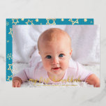 Baby Photo 1st Hanukkah Star of David Real Gold<br><div class="desc">“My First Hanukkah.” A playful visual of real gold foil snowflakes, Stars of David and handwritten script typography, overlaying the photo of your choice, help you usher in Hanukkah and New Year. On the back, additional champagne faux gold snowflakes overlay a soft, turquoise blue background. Feel the warmth and joy...</div>