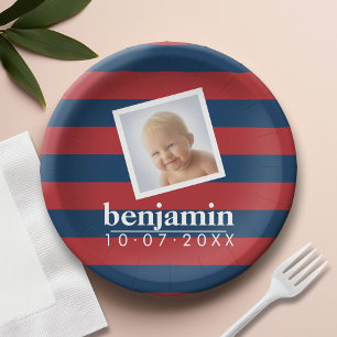 Baby Photo and Birthday Cute Boy Striped Pattern Paper Plate