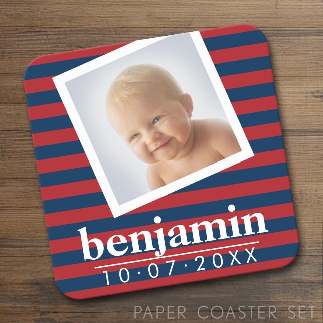Baby Photo and Birthday Cute Boy Striped Pattern Square Paper Coaster (Custom Coaster Set)