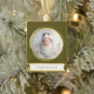 Baby PHOTO Announcement NAME Timeless Keepsake Gold Plated Banner Ornament
