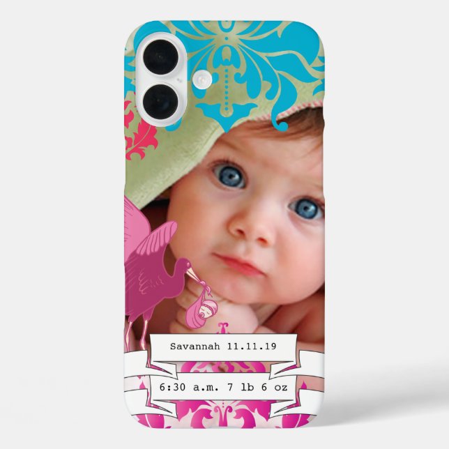 Baby Photo Baby Stats Damask Name or Quote Case-Mate iPhone Case (Back)