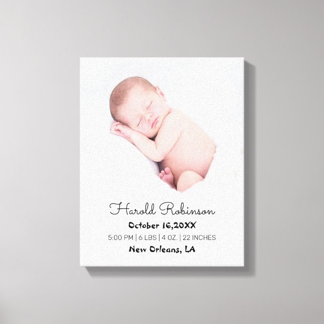 Baby Photo Birth Stats Simple Modern  Canvas Print (Front)