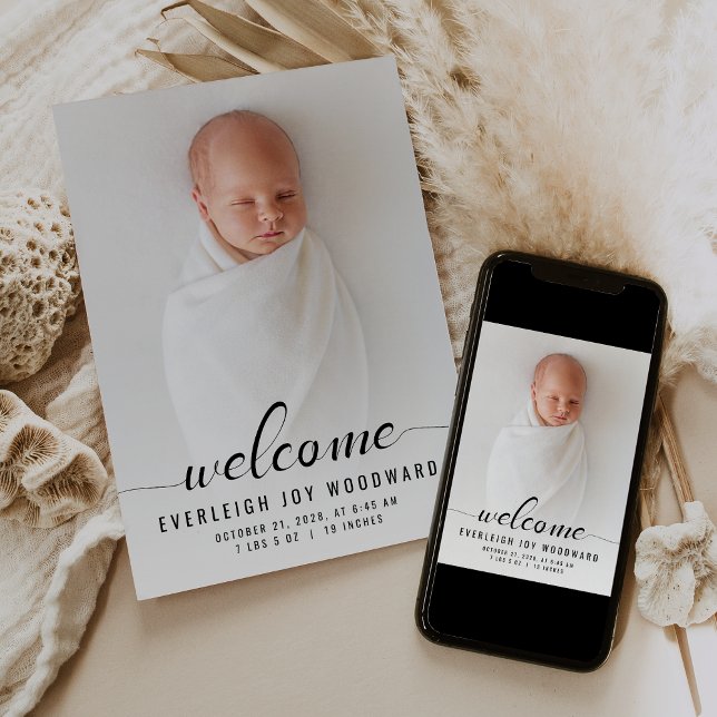 Baby Photo Calligraphy Black and White Birth Announcement (Creator Uploaded)