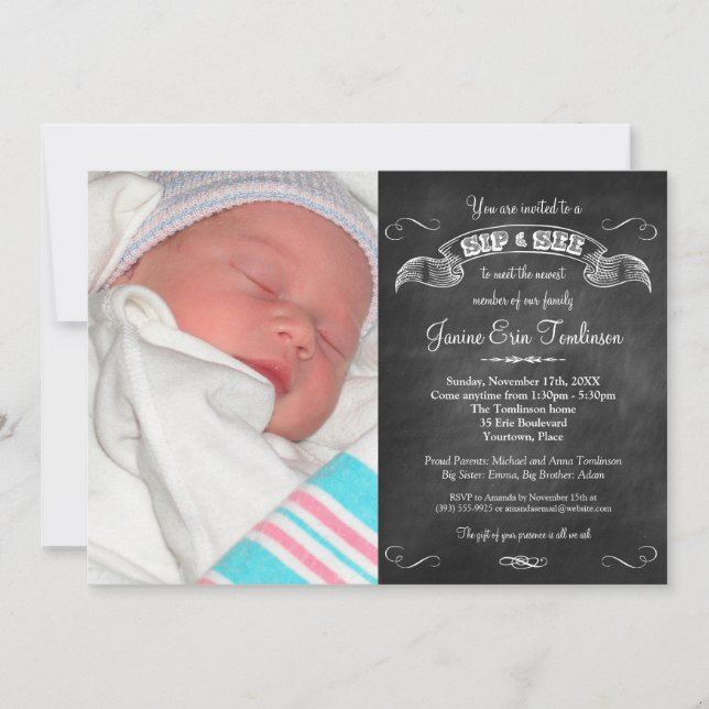 Baby Photo Chalkboard Sip and See Party Invitation (Front)