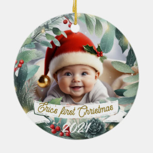 Baby Photo Christmas Mistletoe Wreath Ceramic Tree Decoration