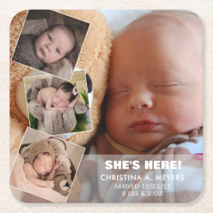 Baby Photo Collage Birth Announcement Square Paper Coaster