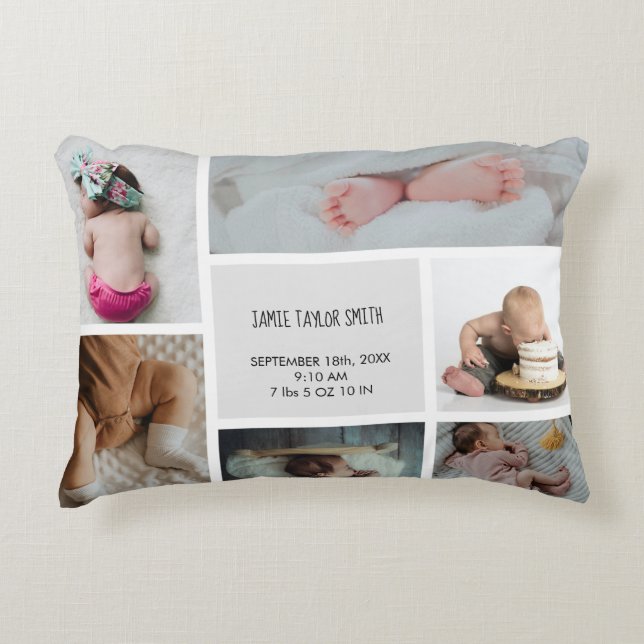 Baby Photo Collage Keepsake Name Birth Date  Decorative Cushion (Front)