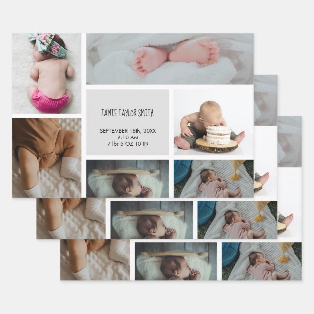 Baby Photo Collage Keepsake Name Birth Date Wrapping Paper Sheet (Set)