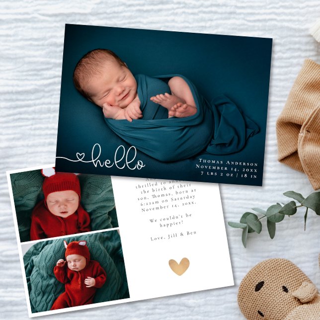Baby Photo Collage Modern Heart Calligraphy Birth Announcement (Creator Uploaded)