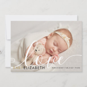 Baby Photo Cute Script Gold Love Hearts Birth Announcement