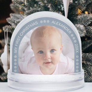 Baby Photo Dusty Blue Arch Snowflakes Christmas Snowglobe