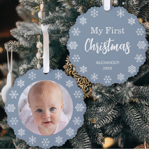 Baby Photo Dusty Blue First Christmas Snowflakes Tree Decoration Card