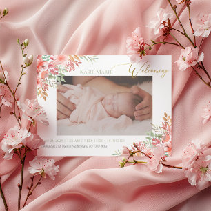Baby Photo Elegant Blush Pink Floral Birth Announcement