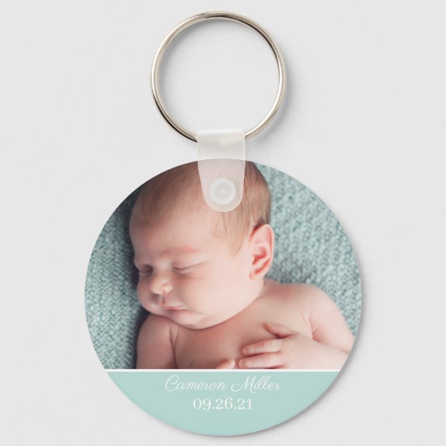 Baby Photo Elegant Mint Green Birth Announcement Key Ring (Front)