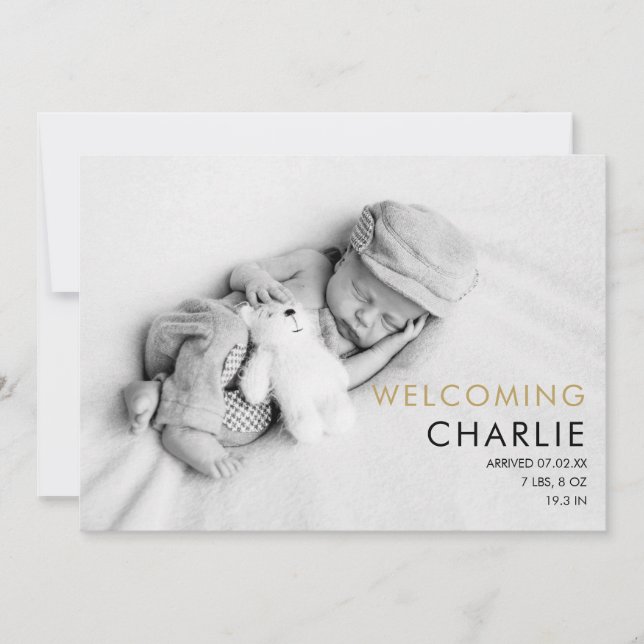 Baby Photo Elegant Script Gold Love Hearts Birth Announcement (Front)