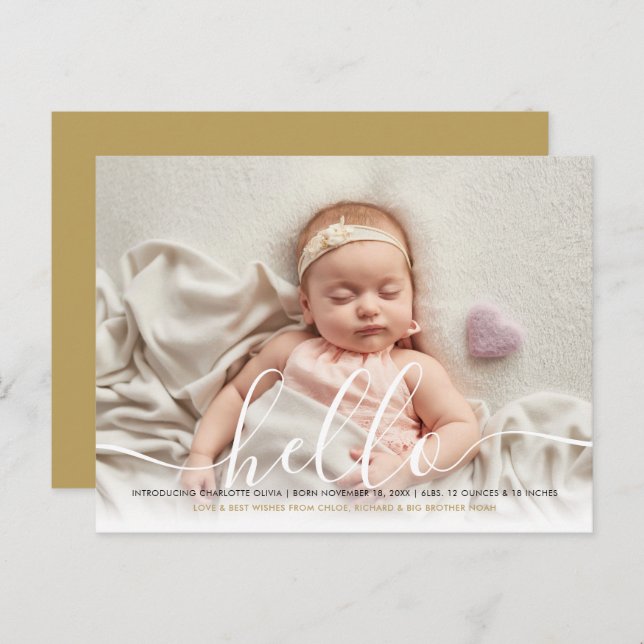 Baby Photo Elegant Script Hello Gold Birth  Announ Announcement Postcard (Front/Back)