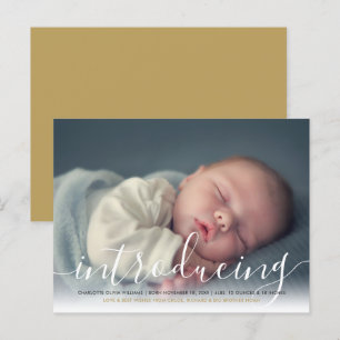 Baby Photo Elegant Script Introducing Gold Birth Announcement Postcard