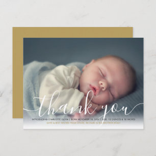 Baby Photo Elegant Script Thank You Gold Birth Ann Announcement Postcard