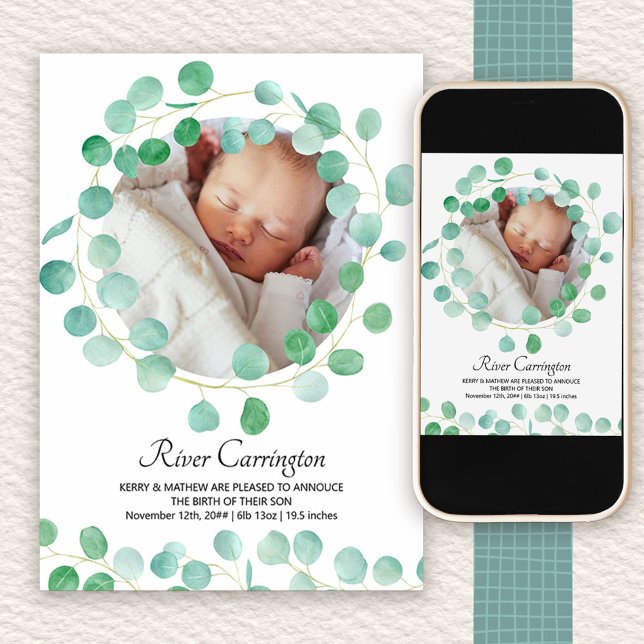 Baby Photo Eucalyptus Greenery Unisex Birth Announcement (Photo birth announcement to order printed or as a printable digital download)