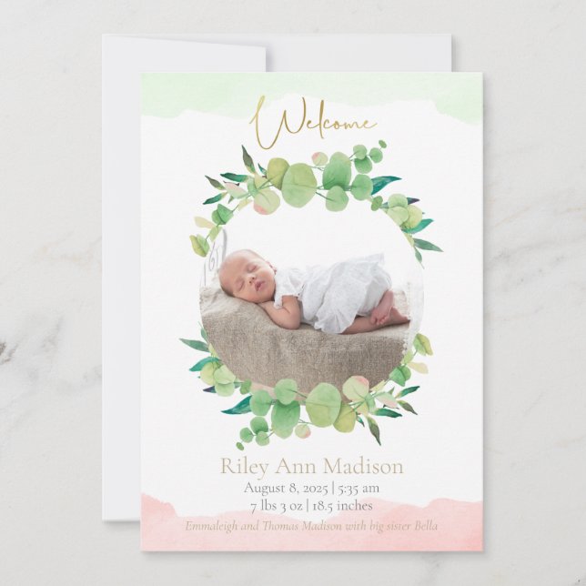 Baby Photo Eucalyptus Modern Birth Announcement (Front)