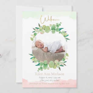 Baby Photo Eucalyptus Modern Birth Announcement