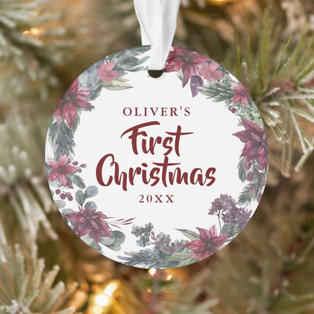 Baby Photo First Christmas Floral Holiday Ornament (Tree)