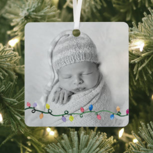 Baby PHOTO First Christmas NAME Year Lights Art Metal Tree Decoration