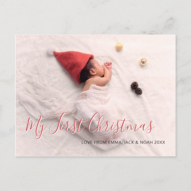 Baby Photo First Christmas Red Script Holiday Announcement Postcard (Front)