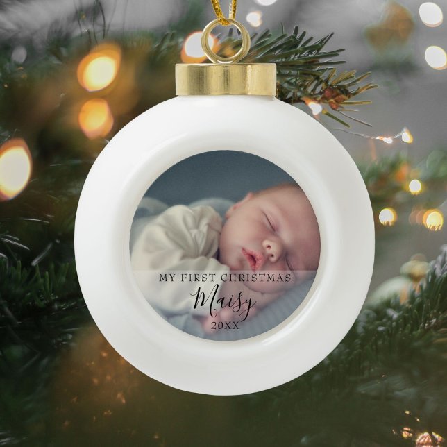 Baby Photo First Christmas Script Ceramic Ball Christmas Ornament (Creator Uploaded)