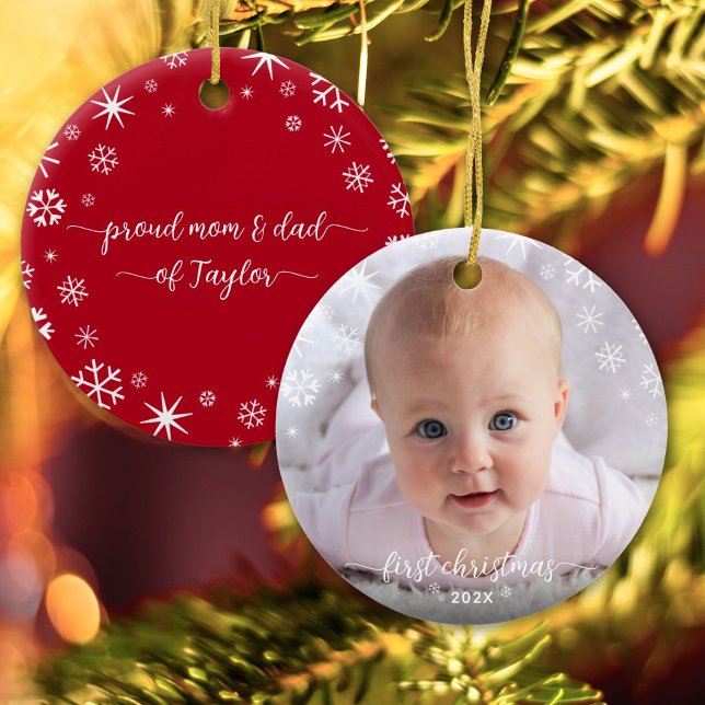 Baby Photo First Christmas Snowflakes New Parents Ceramic Tree Decoration (Creator Uploaded)