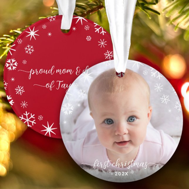 Baby Photo First Christmas Snowflakes New Parents Ornament (Creator Uploaded)