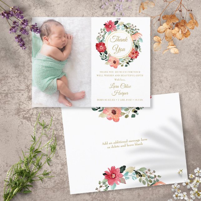 Baby Photo Floral Garland Gold Thank You Birth  An Announcement Postcard (Creator Uploaded)