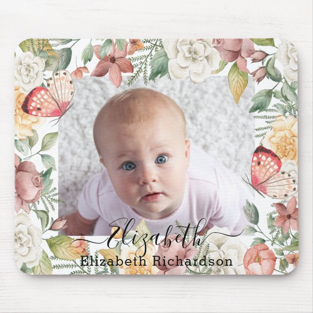 Baby Photo Floral Rose Pink Butterfly Botanical  Mouse Pad (Front)